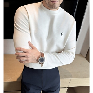 老钱风时尚刺绣男圆领棉T恤亲肤弹力舒适长袖打底衫白色TF102-P53图片