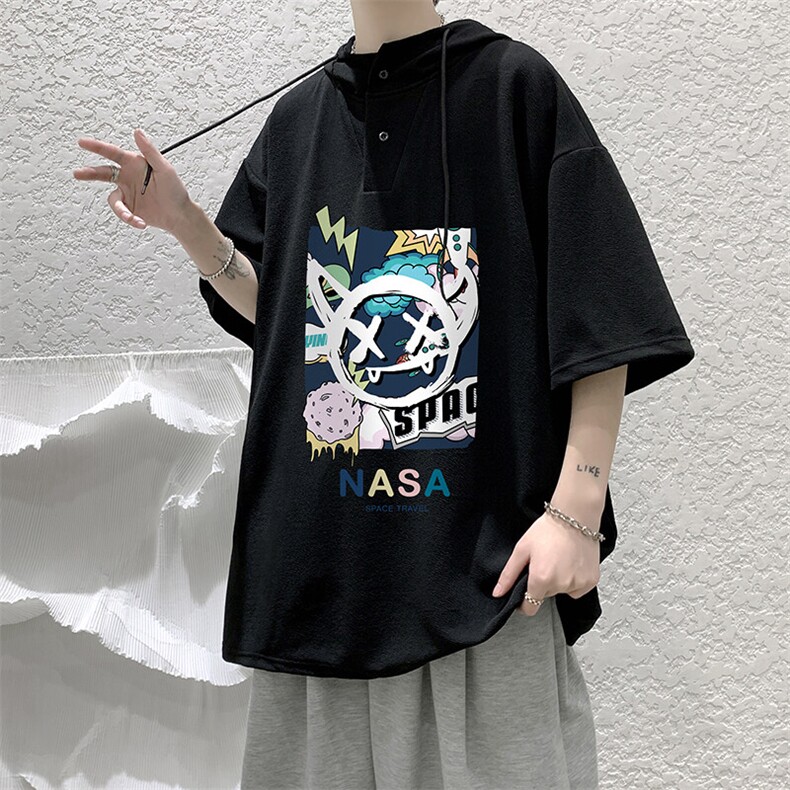 LD54275-P45NASA连帽短袖t恤男大码胖子带帽五分袖中袖,男装T恤,电商A040