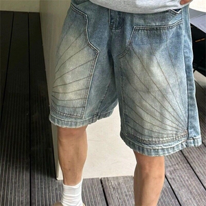 美式复古牛仔短裤男夏季宽松设计感复古水洗五分裤LK11188-p40图片