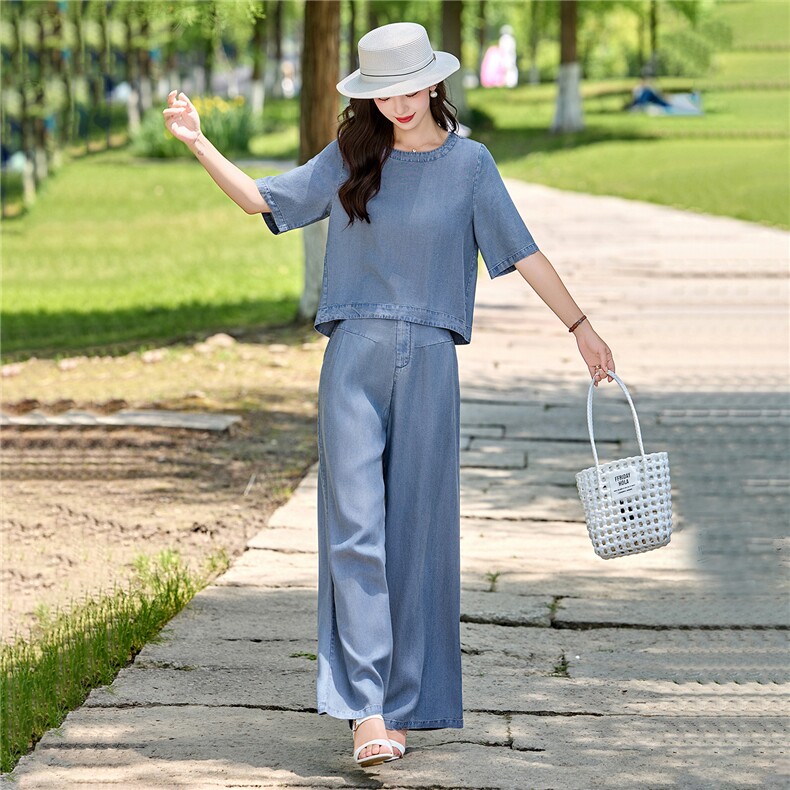 现货套装女2026年夏季新款时尚气质天丝牛仔轻薄阔腿裤两件套,女装套装/套裙,关键词