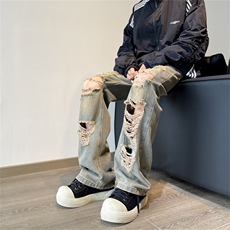 高街破洞牛仔裤男士韩版潮流痞子帅气2024秋季ins长裤RK2137X-P45，男装牛仔裤，星座412-3