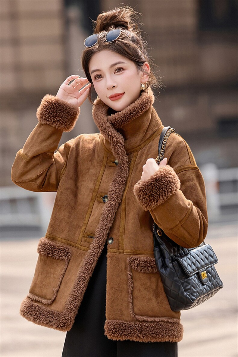 美拉德麂皮绒羊羔毛外套女冬季新款复古宽松加绒加厚立领皮毛一体,女装羊羔毛/颗粒绒,韩蔻秀
