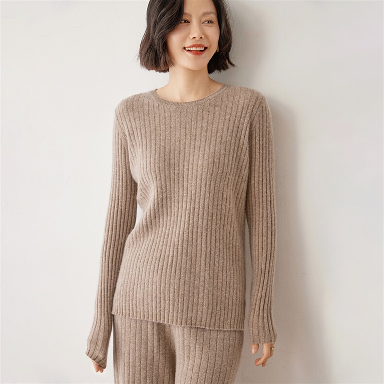 时尚百搭女士羊绒衫圆领竖纹设计简约休闲风格舒适保暖,女装羊绒衫,雪山红莲