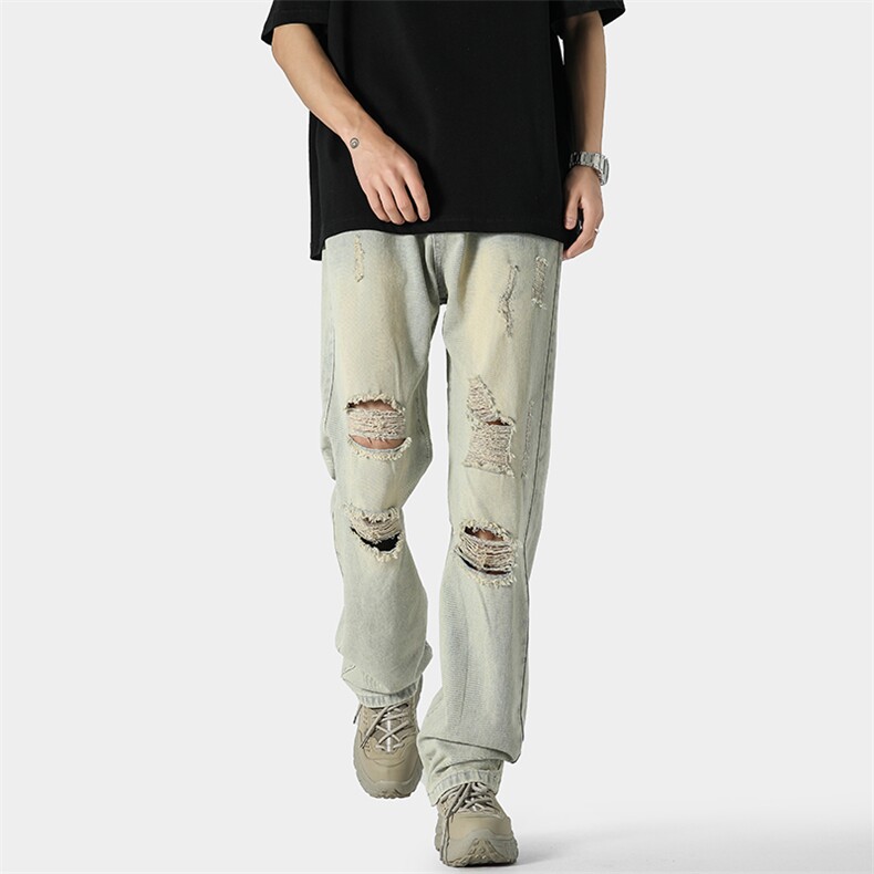 现货高品质夏季破洞宽松直筒牛仔裤715-6-BK821特P50(控78），男装牛仔裤，星座715-6