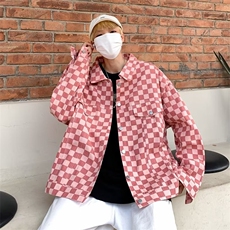 美式棋盘格粉色外套男街头工装上衣ins潮牌日系复古夹克X352/P60，男装夹克，星座506