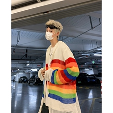 2024新款彩虹镂空针织衫连帽外套开衫外搭慵懒宽松男W8309-P50，男装针织衫/毛衣，星座512-4
