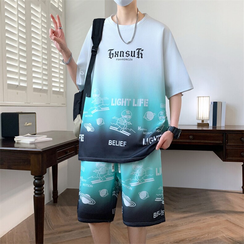 港风套装男休闲宽松冰丝青年圆领短袖T恤短裤两件套-JZ6212-P38,男装牛仔裤,星座310B-3