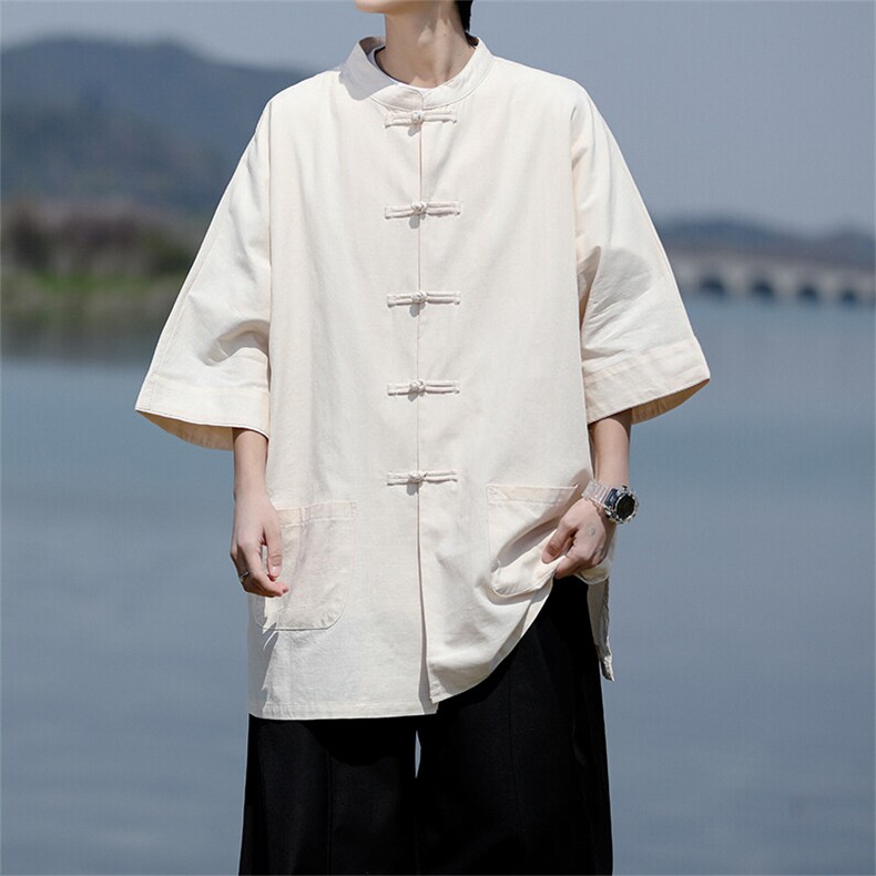 8XL-M新中式衬衫男中山装麻棉风复古中袖衬衣唐装CS527P60,男装衬衫,电商D206-1
