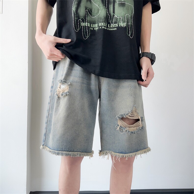破洞男生百搭夏季撞色牛仔短裤高街D321-DK32-P48图片