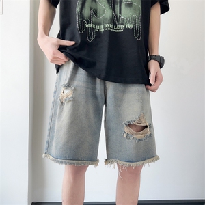 破洞男生百搭夏季撞色牛仔短裤高街D321-DK32-P48图片