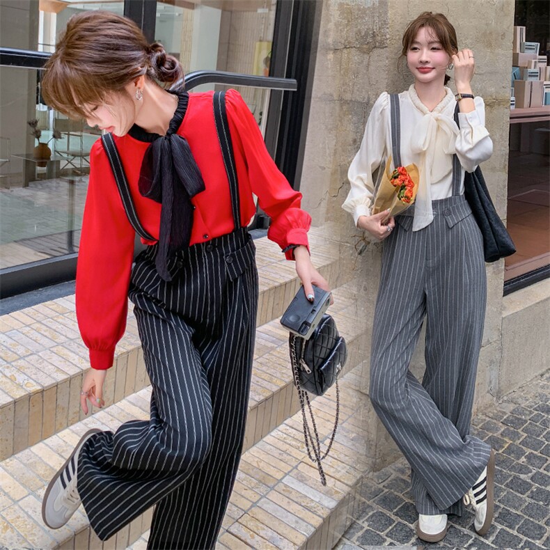 现货主推款2025秋装新款穿着舒适显瘦身材优雅气质背带裤两件套，女装套装/套裙，尚娜萱
