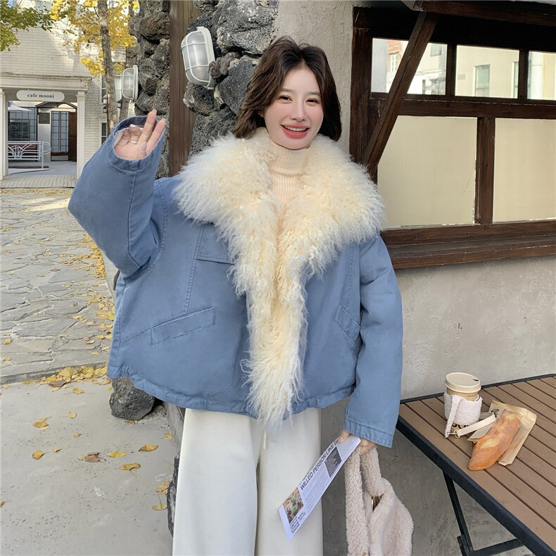 蓝色大毛领派克羽绒服女2025冬季新款设计感清新小个子加厚外套,女装羽绒服,艾米莉亚