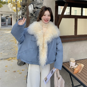 蓝色大毛领派克羽绒服女2025冬季新款设计感清新小个子加厚外套图片