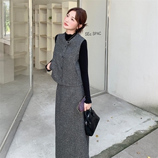 灰色高级感小香风马甲套装裙女2025秋季复古气质轻熟风毛呢三件套，女装套装/套裙，纯色衣恋