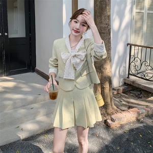 法式小香风小个子穿搭一整套女2025春新款蝴蝶结外套百褶裙两件套图片