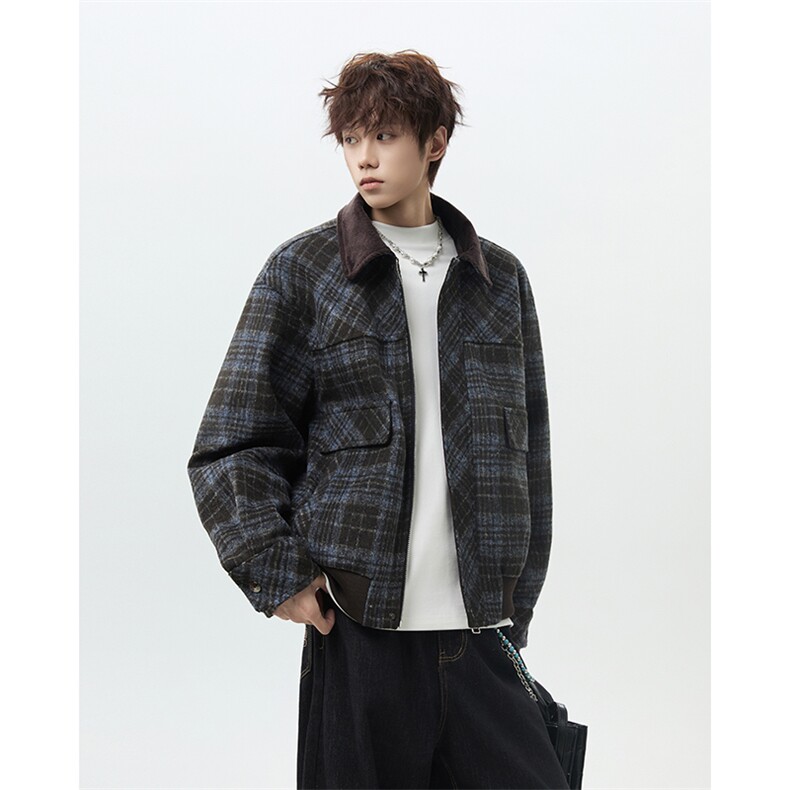 短款毛呢大衣男宽松翻领格纹加棉加厚保暖棉服夹克外套-JK008P115,男装夹克,电商B289