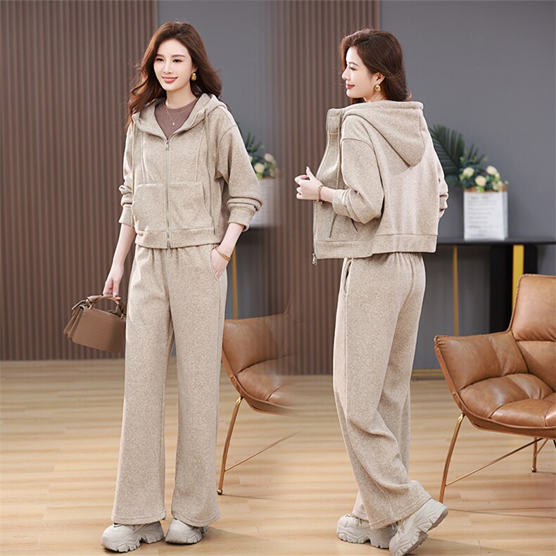 休闲连帽开衫卫衣女2025春秋新款时尚百搭直筒阔腿卫裤，女装运动套装，3200格调