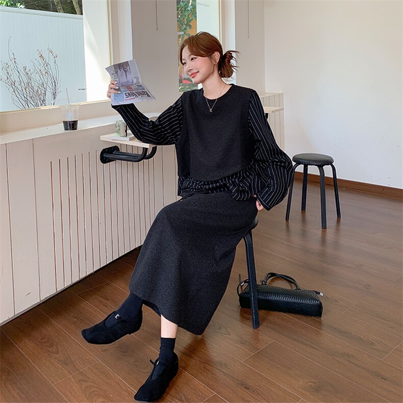 韩系慵懒气质套装裙女收腰显瘦条纹拼接上衣2025新款半身裙两件套,女装套装/套裙,浙宝301