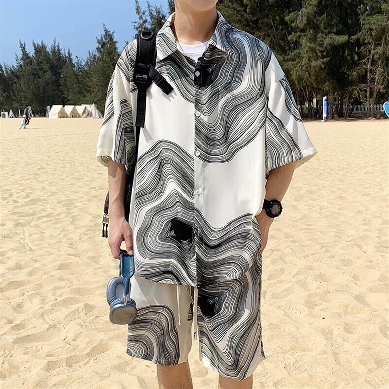 满印设计感套装男生夏季短袖衬衫休闲短裤垂感潮牌宽松大码两件套,男装休闲套装,电商A001