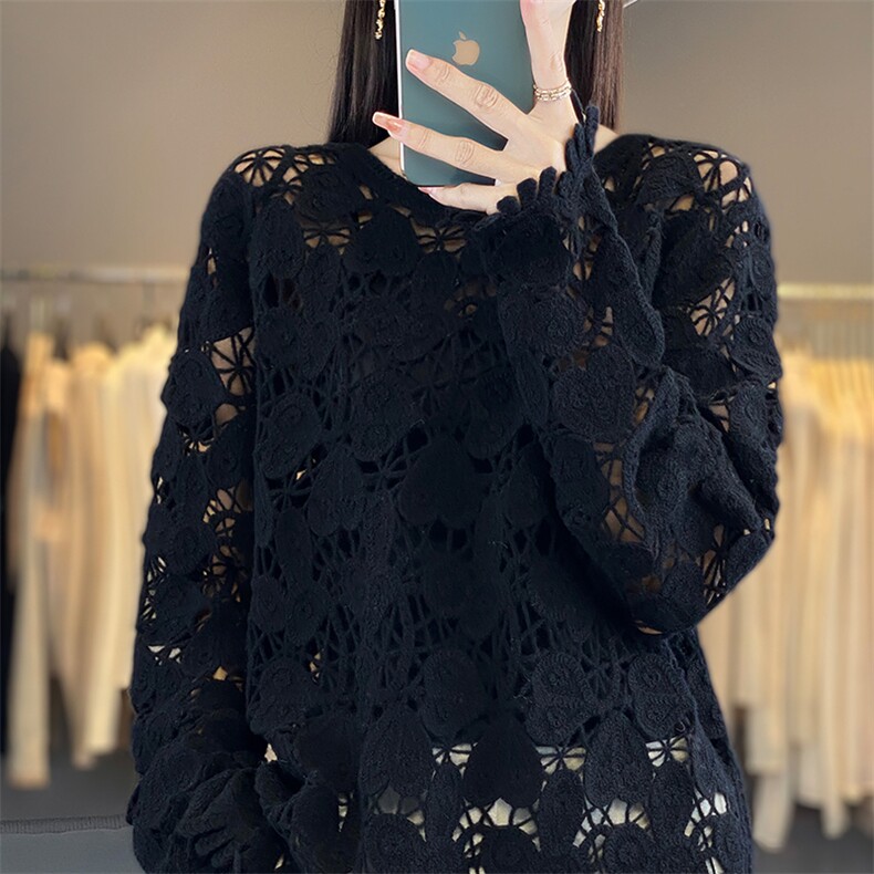 重工镂空钩花100%纯羊毛衫女圆领爱心刺绣长袖毛衣宽松慵懒羊绒衫,商品下架区,优麦羊绒（原洪叶羊绒）