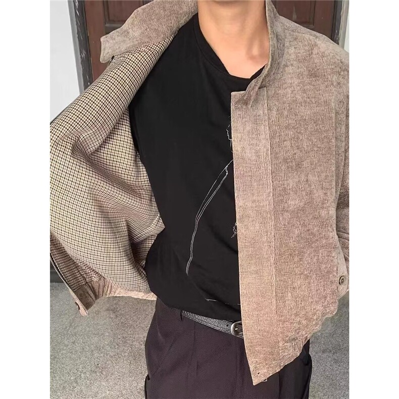 铜氨触感树纹肌理千鸟格内里哈灵顿夹克外套,男装夹克,星座410-7