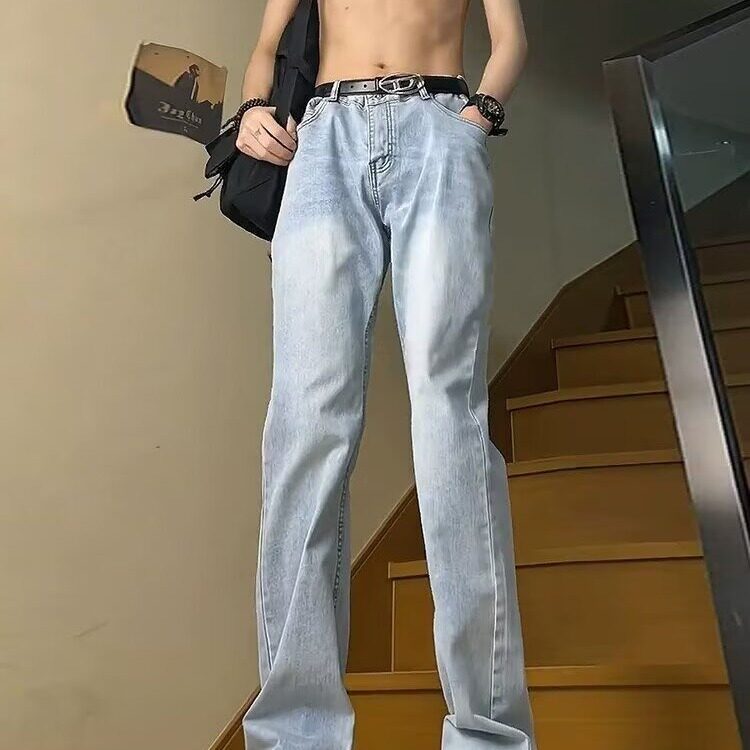 美式复古牛仔裤男春夏季新款高街宽松显瘦设计感阔腿直筒长裤子图片