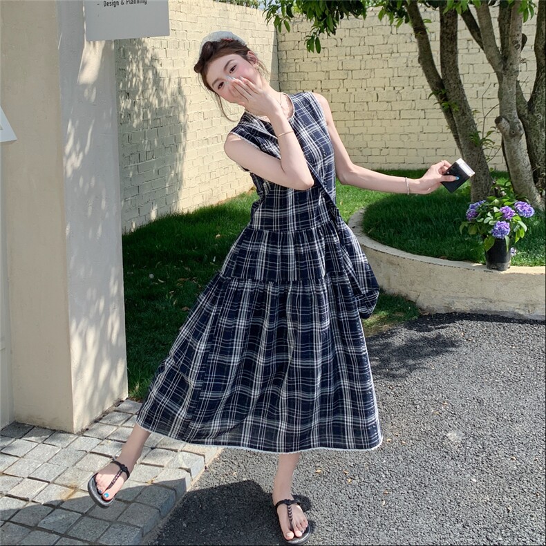 独特超好看格子无袖连衣裙女夏季2025绝美高级感气质背心长裙及踝,女装连衣裙,2C129
