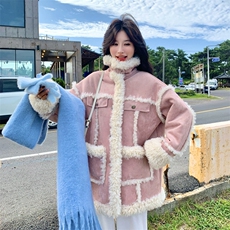 现货粉色皮毛一体外套2C093-6657-P195-K288，女装短外套，2C093