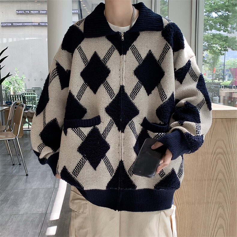 秋款男拉链开衫毛衣菱形条纹拼色针织衫外套M5632P70,男装针织衫/毛衣,星座1013-1