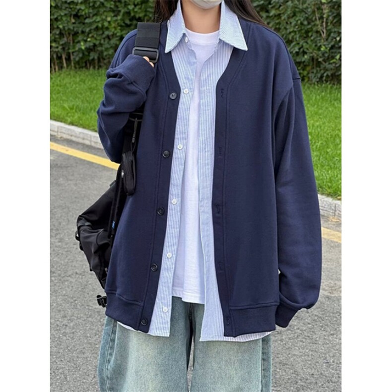 日系复古条纹衬衫拼接假两件卫衣开衫女春秋针织长袖外套CW53,男装衬衫,星座1116A（原606A-3）