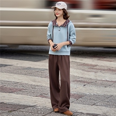 蓝色加绒连帽卫衣女2025冬季新款加厚两件套装宽松直筒卫裤撞色，女装卫衣/绒衫，梦懿尔