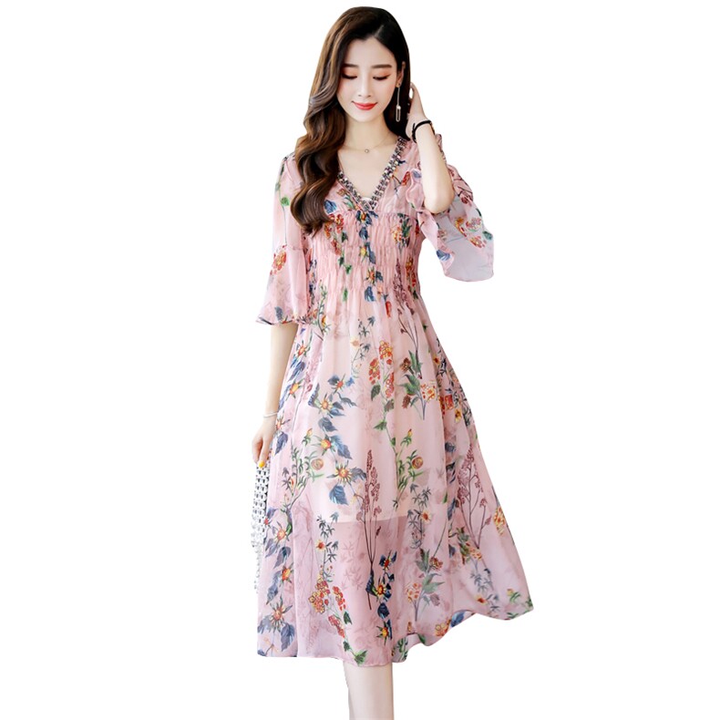 碎花连衣裙2021年夏季V领时尚气质中长款百搭韩版优雅两件套,女装套装/套裙,瑶迪依秀