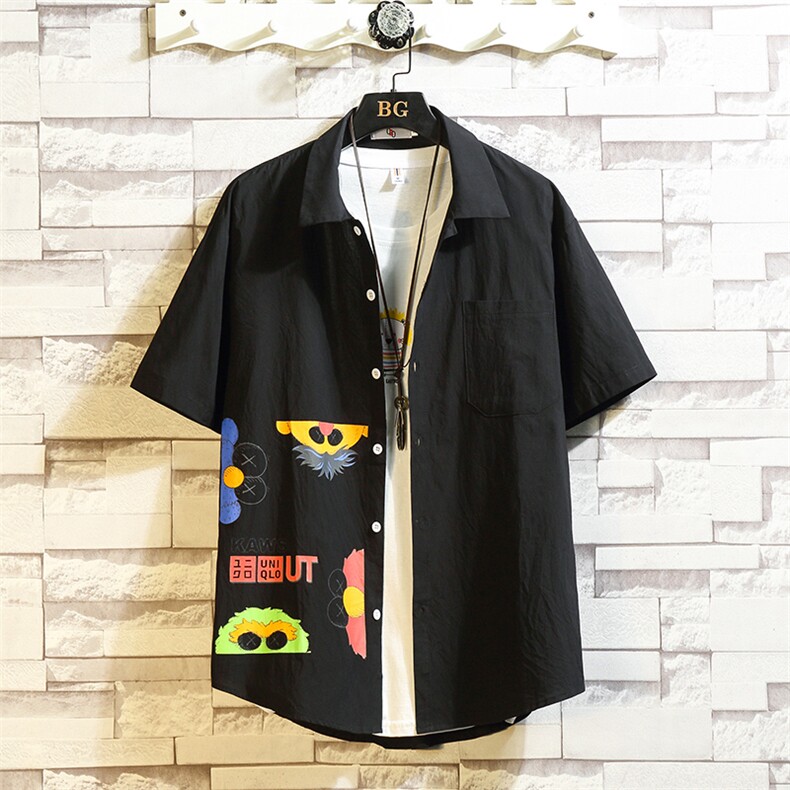砖墙挂拍袖卡通印花短T衬衫男士宽松休闲夏季防嗮*CS305,男装衬衫,电商A020