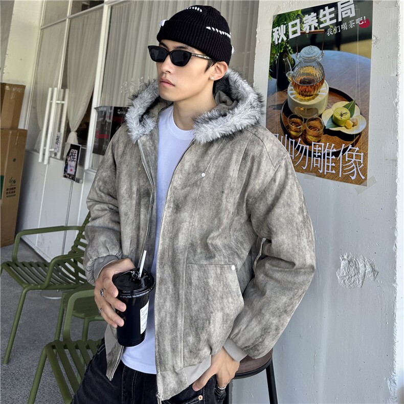 韩版简约毛领连帽工装夹克棉服高品质老钱时尚面包服棉衣,男装夹克,电商C307