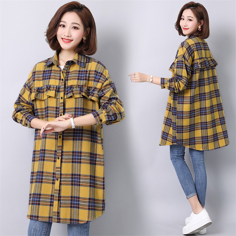 时尚潮流格子衬衫舒适长袖2025年秋季中长款休闲气质木耳边大码，女装衬衫，风姿绰
