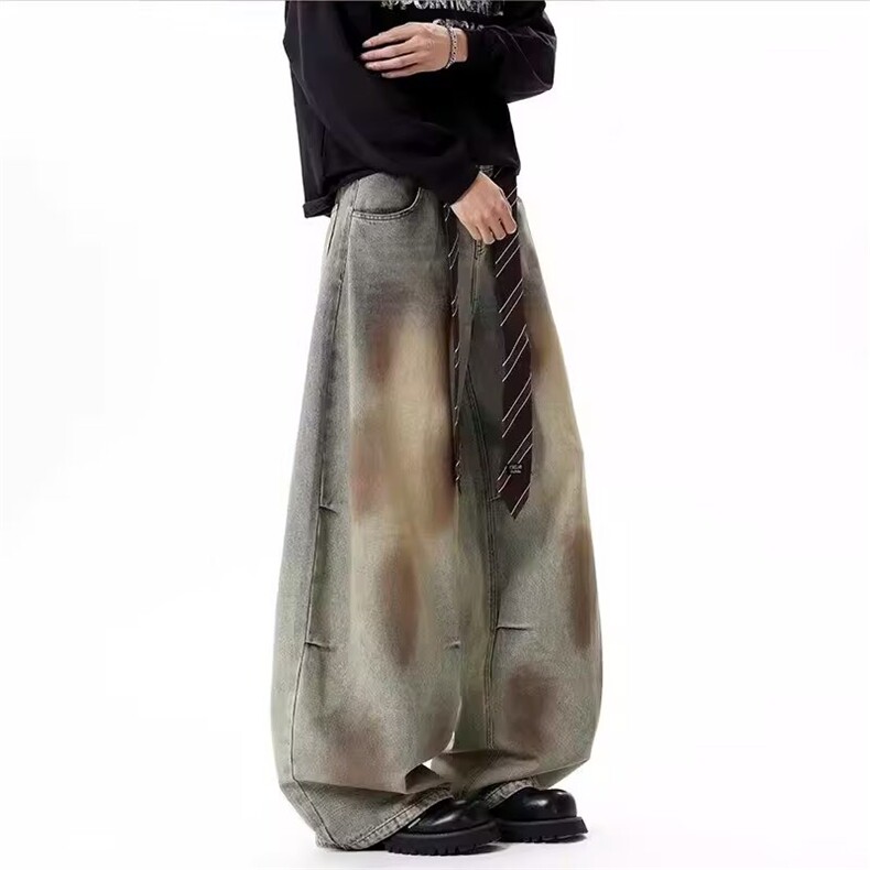 美式脏染水洗做旧直筒牛仔裤男女微喇ing风复古宽松阔腿长裤拖地,男装牛仔裤,星座1210-1