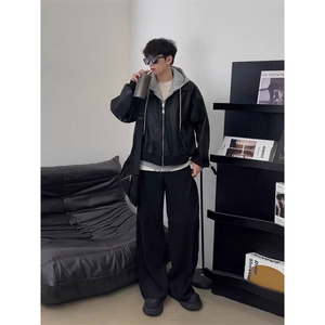 MA620-P98假两件美式连帽皮衣外套机车夹克短款皮衣网图图片
