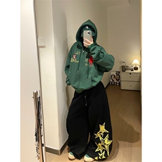 美式复古开衫拉链连帽卫衣外套女秋季宽松潮牌刺绣潮LB60133-P59，女装短外套，星座1008