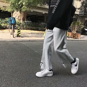 灰色运动裤子男韩版宽松九分毛边直筒裤阔腿长裤休闲卫裤-A69图片