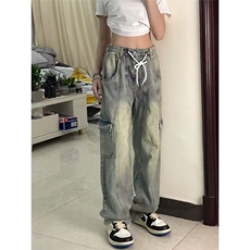 美式复古做旧黄泥染抽绳工装牛仔裤男女款松紧腰宽松休闲直筒长裤，男装牛仔裤，星座506A