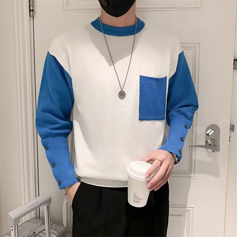 法式慵懒风拼色复古假两件毛衣秋季内搭羊绒针织打底衫上衣MY556,男装针织衫/毛衣,星座1116A-2（原606A-1）