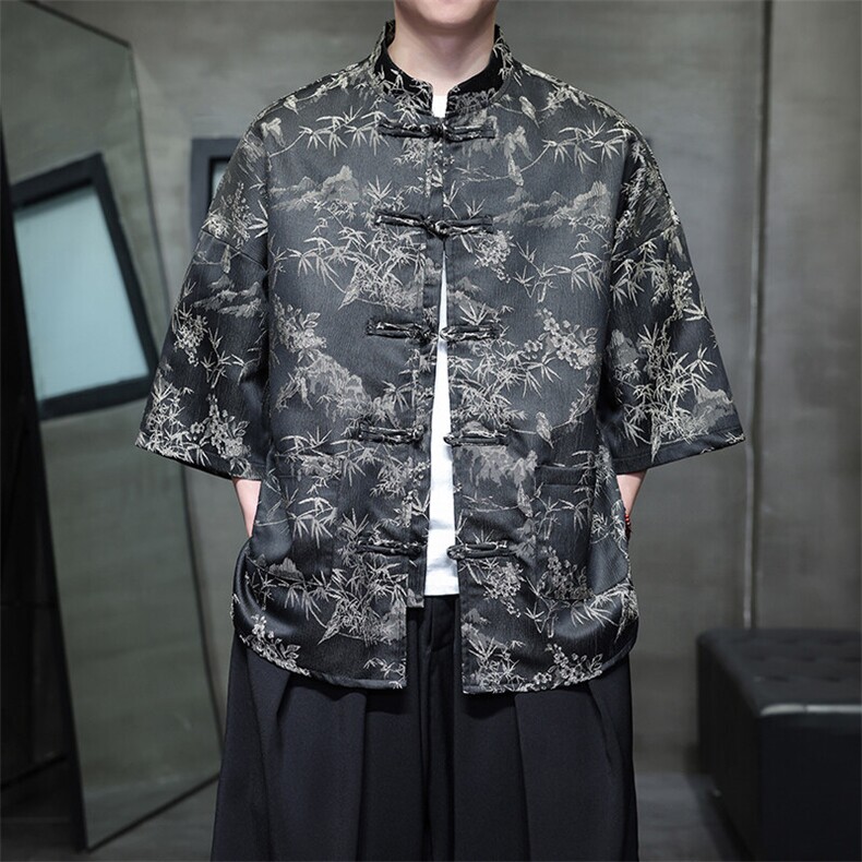 现货男士大码新中式提花竹叶小鸟花缎面短袖衬衫T2561-P65,男装衬衫,电商A021