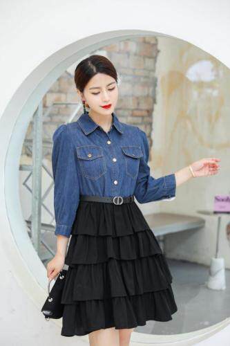 【秋季新款】时尚牛仔拼接连衣裙泡泡裙，女装连衣裙，笑思源