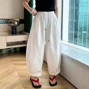 韩系直筒休闲阔腿裤女2025夏季薄款卷边速干裤高腰显瘦复古气球裤图片