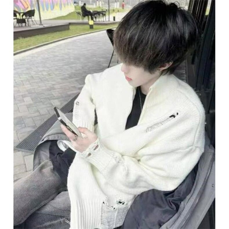 潮牌慵懒BF风破洞开衫毛衣男女高级感流苏拉链针织上衣LM2255-P57,男装针织衫/毛衣,星座1008