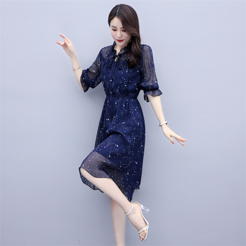 碎花2021年夏季系带时尚气质中长款百搭韩版优雅连衣裙,女装连衣裙,瑶迪依秀