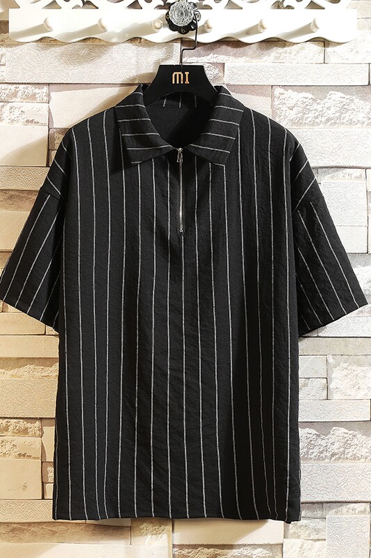 白砖夏季条纹拉链新款短袖体恤衫潮男宽松大码polo衫T2005P40,男装Polo衫,电商A177
