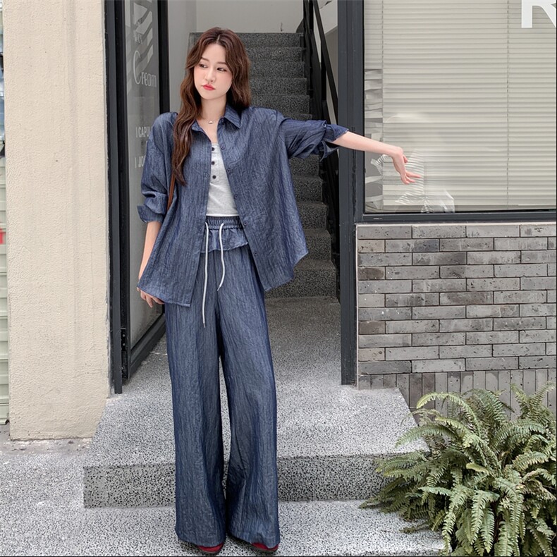 高级小众穿搭韩系chic蓝色衬衫套装女初春秋超火好看阔腿裤三件套,女装套装/套裙,2C056