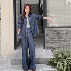 高级小众穿搭韩系chic蓝色衬衫套装女初春秋超火好看阔腿裤三件套，女装套装/套裙，2C056