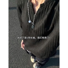 美式高街千鸟格子长袖T恤男女亨利V领英伦雅痞休闲宽松长袖打底衫，男装T恤，电商A486